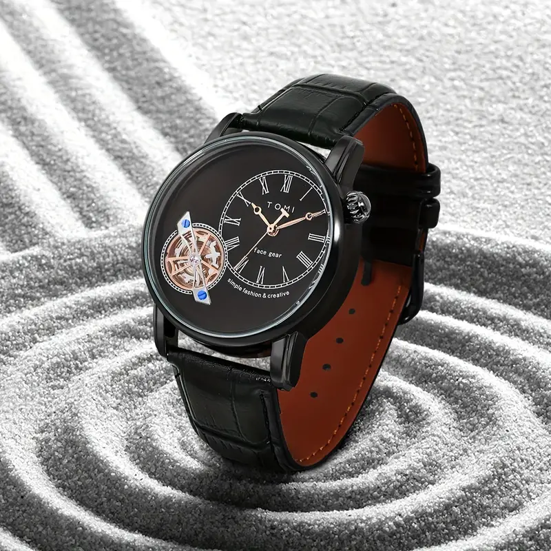 TOMI Rotating Gear Quartz Watch – Stylish Business Timepiece with Faux Leather Strap